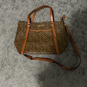 Women’s Brown Logo Print Tote Bag with Tan Trim